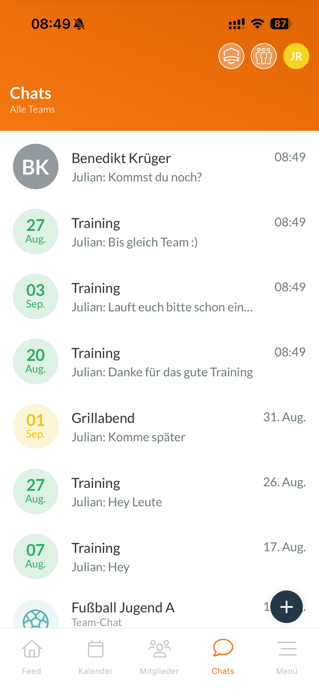 Chats in der SportMember App: Nachrichten aus Training und Team-Chat