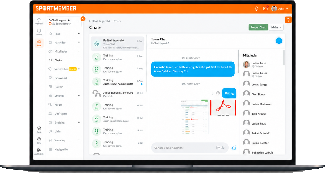 Vereinschat im Browser: Team-Chat mit Nachrichtenverlauf und Mitgliederliste